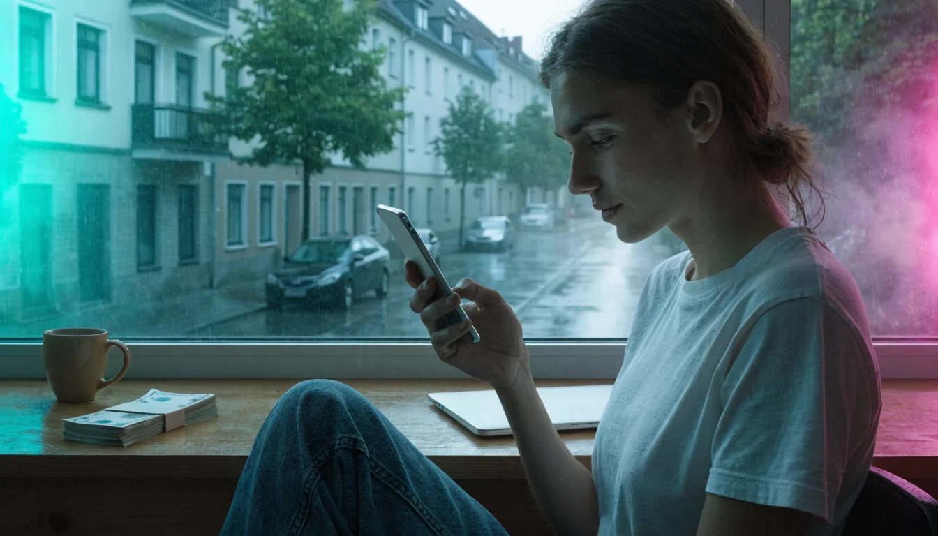 Person prüft schnelle Echtgeld-Auszahlung am Smartphone auf dem Schreibtisch