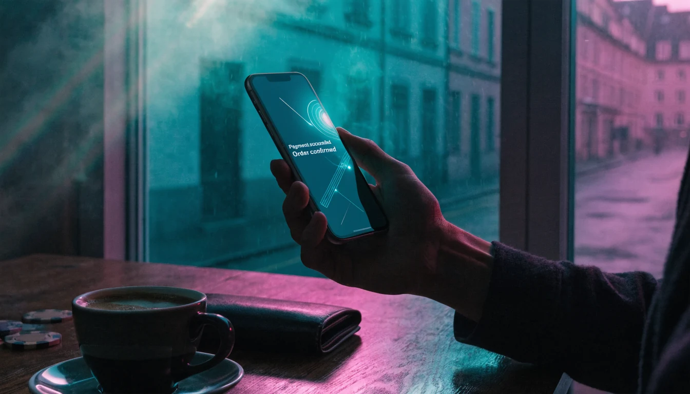 Smartphone mit Jeton-Zahlung auf einem Tisch mit Casino-Chips