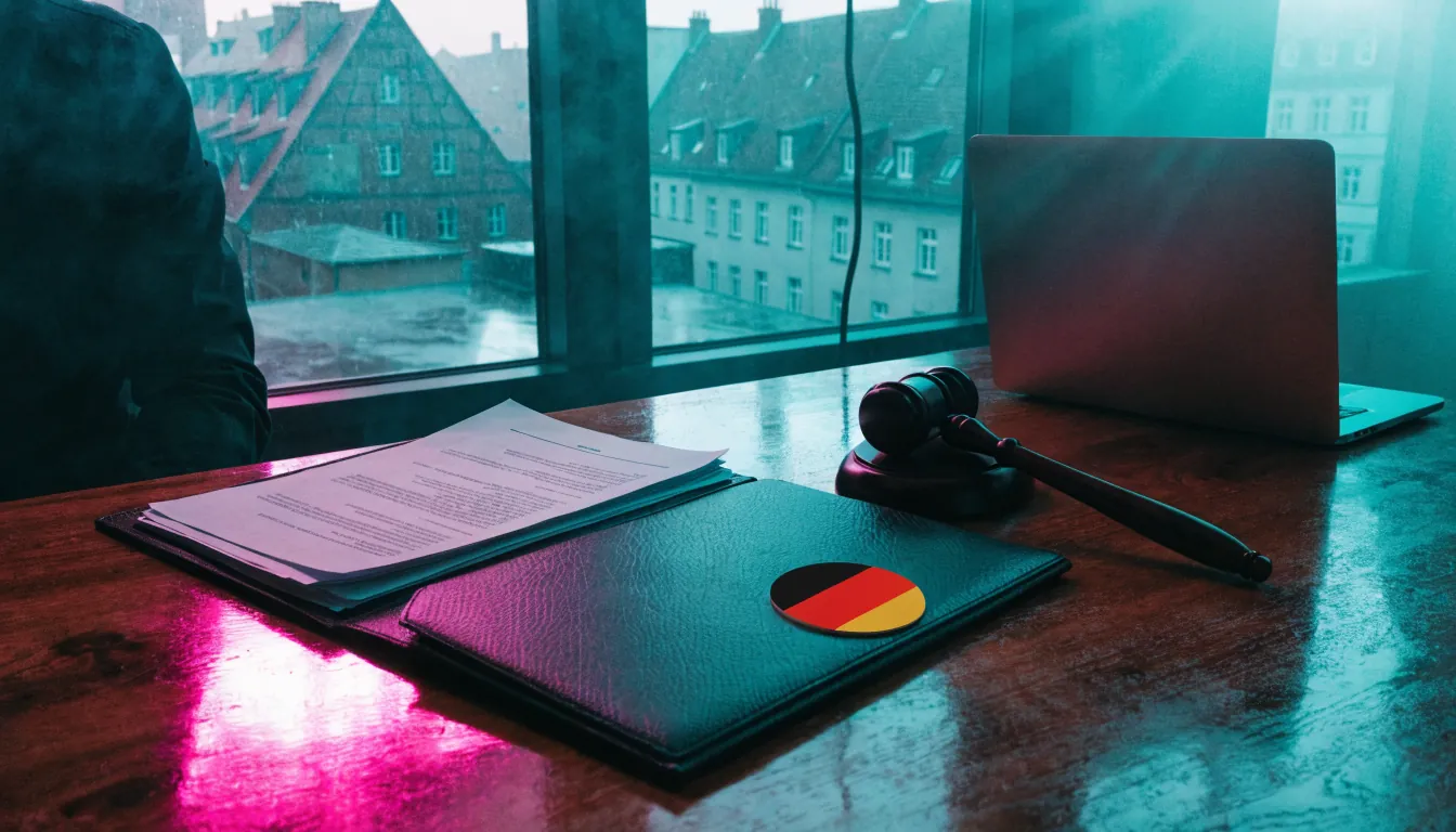 Aktendossier mit GGL-Lizenzsymbol und Richterhammer auf einem Schreibtisch