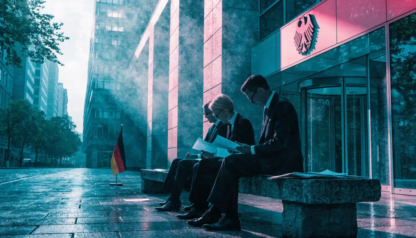 Deutsches Regierungsgebäude mit Beamten, die Dokumente prüfen.