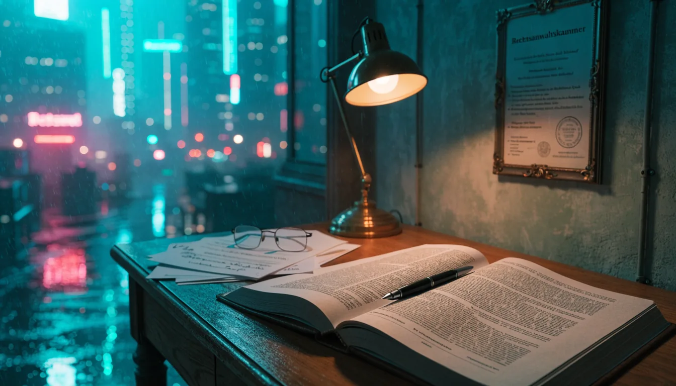 Schreibtisch mit juristischem Buch, Dokumenten und klassischer Schreibtischlampe in einem deutschen Büro.