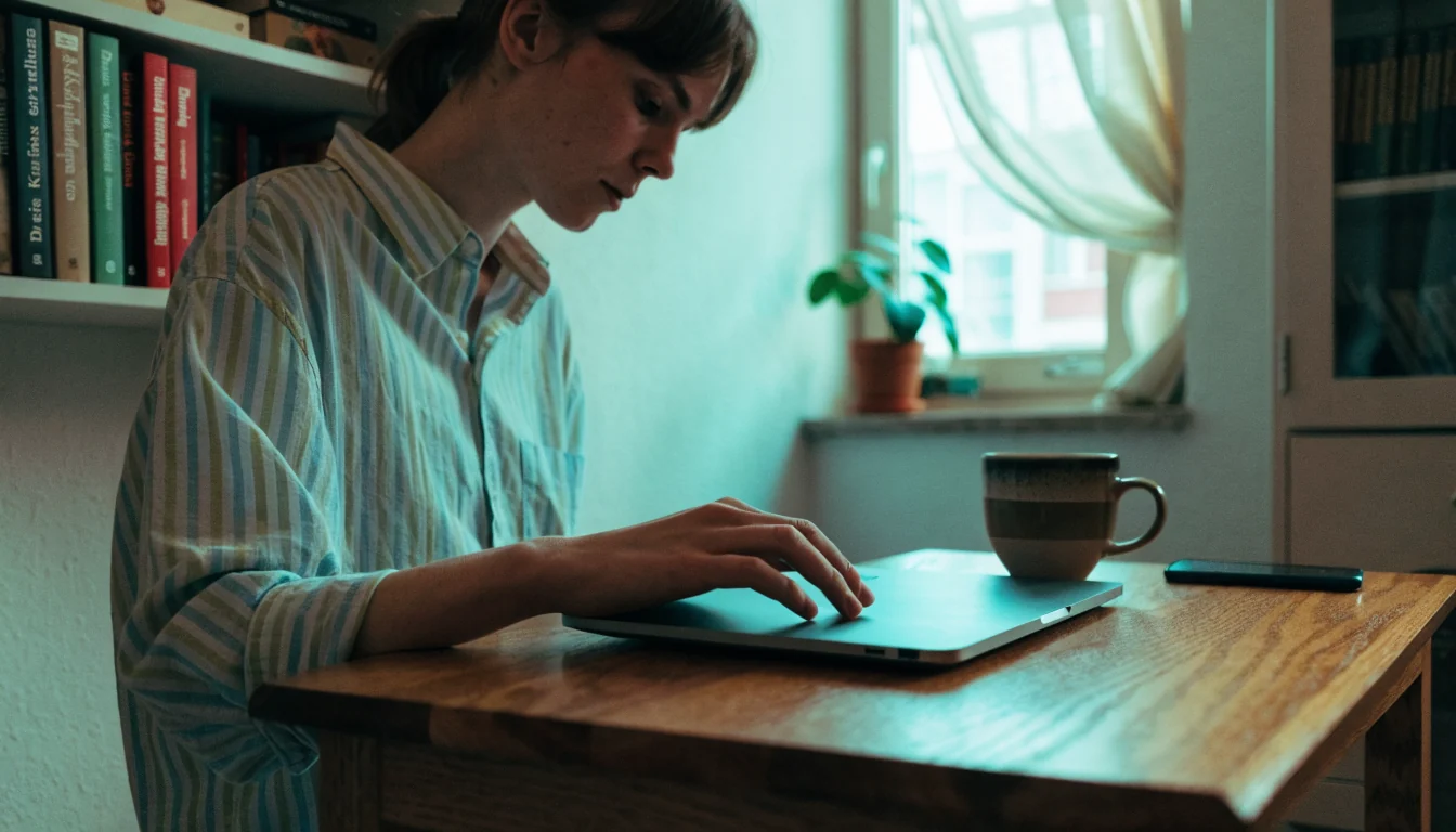 Nachdenklicher Mensch am Schreibtisch mit geschlossenem Laptop und Smartphone in deutscher Wohnung.
