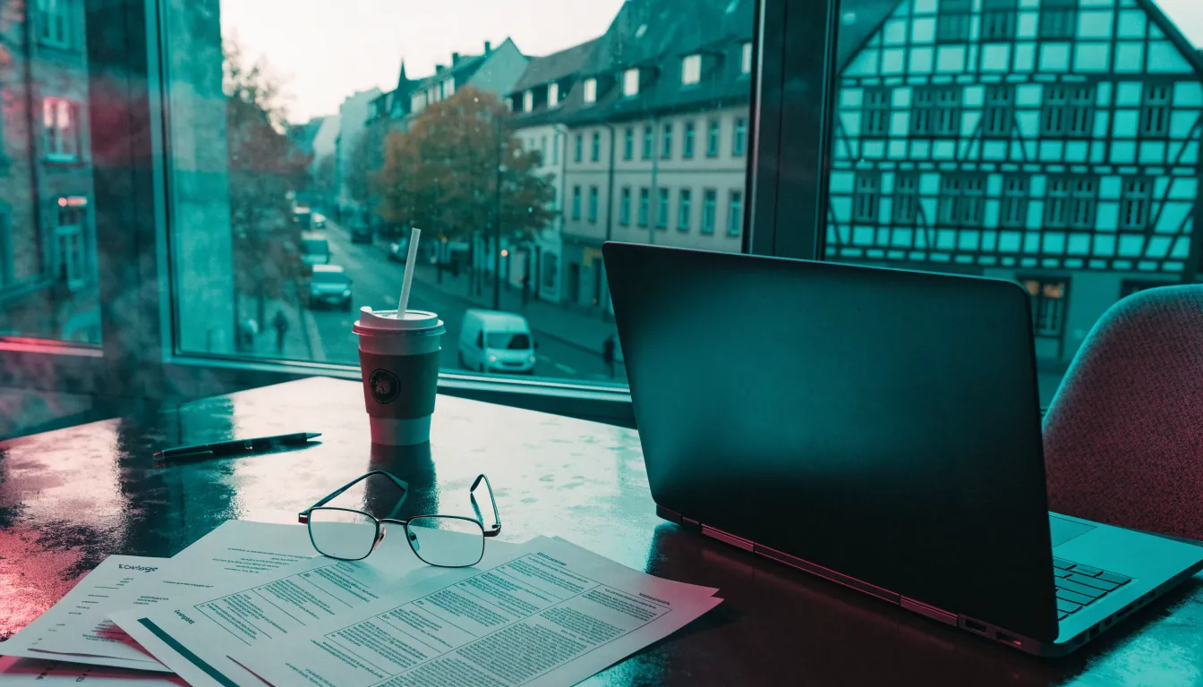 Redaktioneller Arbeitsplatz mit Dokumenten und Laptop vor einem Fenster mit deutscher Altstadtansicht.
